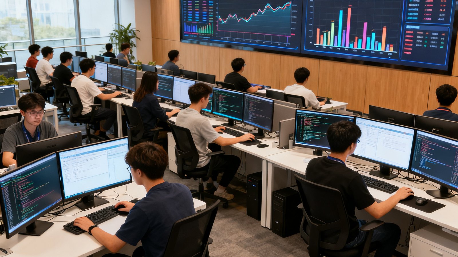 人人体育北京总部开放式办公区，三十余位年轻工程师和运营人员在双屏工作站前专注工作，墙面大屏幕实时显示全球赛事直播监控数据和服务器运行状态