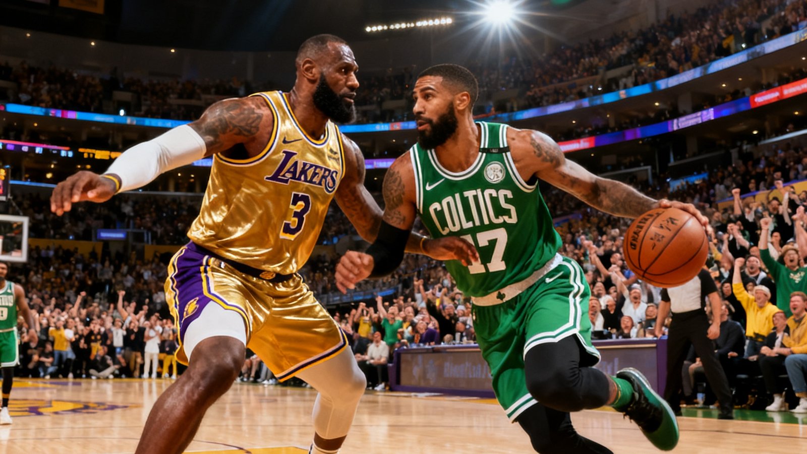 NBA篮球直播画面，洛杉矶湖人队主场金色球衣对阵波士顿凯尔特人队绿色球衣，勒布朗·詹姆斯持球突破禁区，球馆内两万名观众欢呼沸腾灯光璀璨