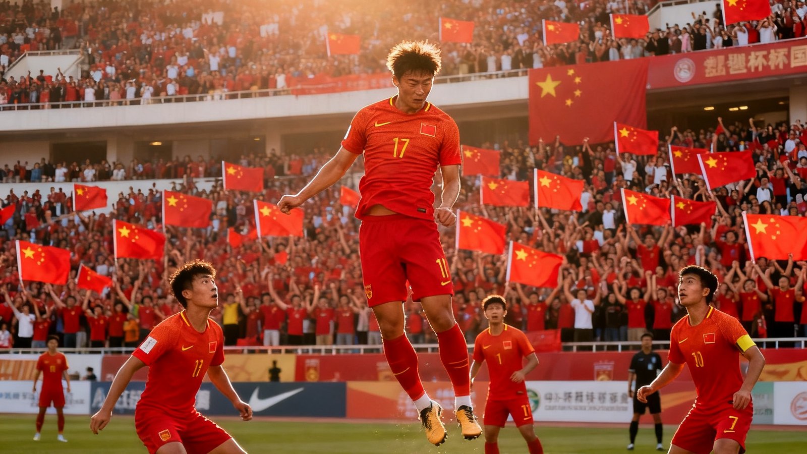 中国男足国家队在世界杯预选赛中主场作战，红色球衣球员奋力拼抢头球，看台上数万球迷挥舞国旗呐喊助威场面震撼